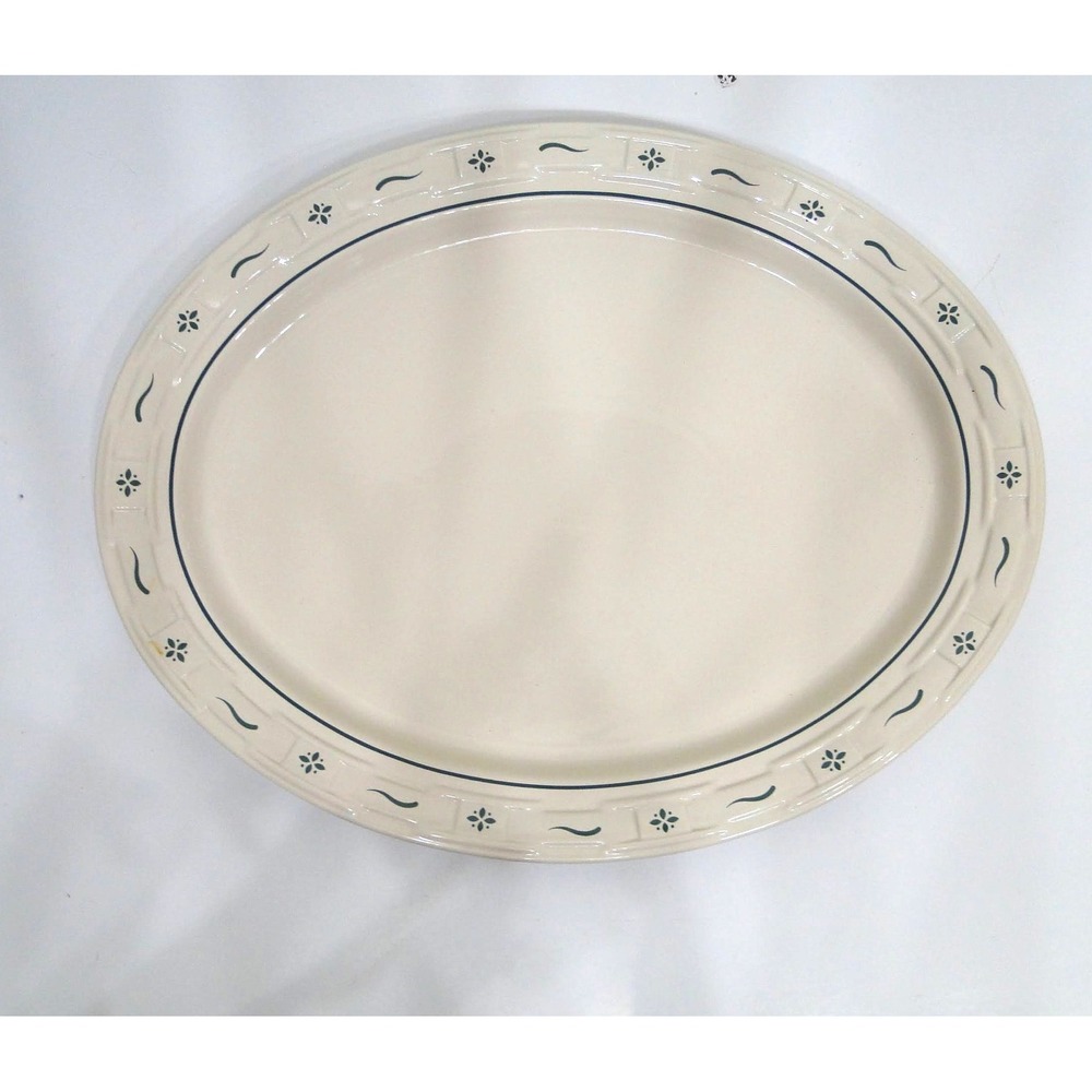 Longaberger Pottery Woven Traditions Ivory Green Oval Serving Platter USA Made